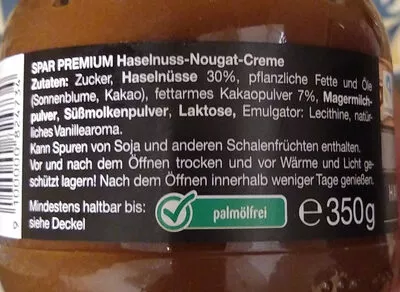 Lista de ingredientes del producto Haselnuss-Nougat-Creme Spar Premium 350