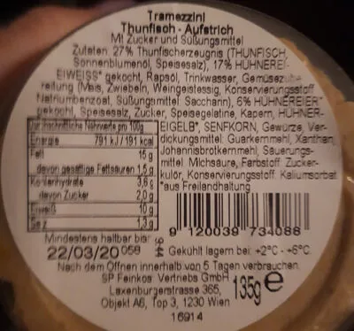 Lista de ingredientes del producto Thunfisch Tramezzini Feinkost Spak 135g