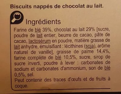 List of product ingredients Les sablés nappés chocolat au lait Carrefour 