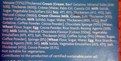 Lista de ingredientes del producto Tiramisu mousse cake Coles 475 g