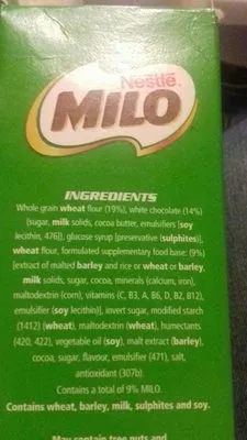 List of product ingredients Snack Bars with Milk Milo, Nestlé 160 g e