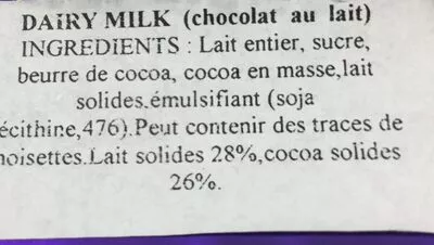 List of product ingredients Dairy Milk Chocolate Bar Cadbury 50g