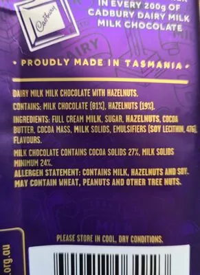 List of product ingredients Dairy Milk with hazelnuts Cadbury 