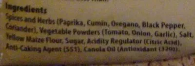 Lista de ingredientes del producto A Taste of Mexico Taco seasoning Woolworths Select, Woolworths 35 g