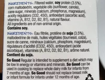 Liste des ingrédients du produit So Good Soy Milk Regular Sanitarium 