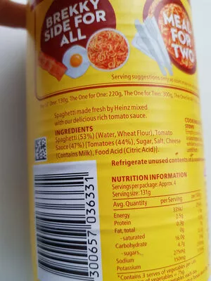 Liste des ingrédients du produit Spaghetti One For All Salt Reduced Heinz 535g
