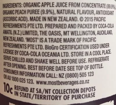 Liste des ingrédients du produit Apple & Peach organic juice most 