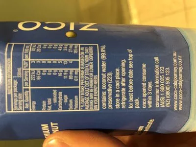 Lista de ingredientes del producto Premium coconut water Zico, The Coca Cola Company 330ml