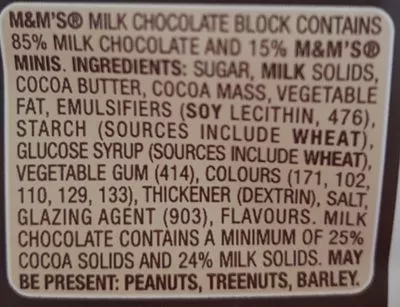 List of product ingredients M &M Milk Block 160G / 13 M&Ms 