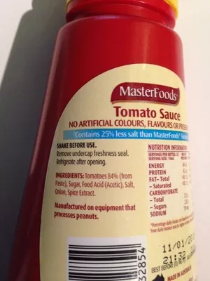 Liste des ingrédients du produit MasterFoods Reduced Salt Tomato Sauce MasterFoods, Mars Food Australia 500ml