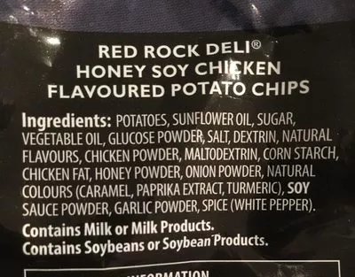 List of product ingredients Honey soy chicken chips Red Rock Deli 165 g