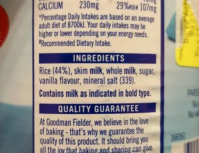 List of product ingredients Riz au lait Parsons 430