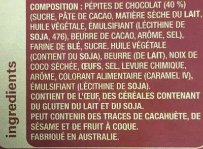 Liste des ingrédients du produit Arnott's Premier Choc Chip Biscuits 310G Arnott's 