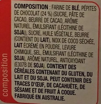 Liste des ingrédients du produit Chocolate chip cookies Arnott's,  Arnotts 