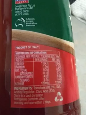 Lista de ingredientes del producto Passata cooking sauce Val Verde 700g
