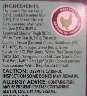 Liste des ingrédients du produit Coles Asian Thai Green Chicken Curry & Jasmine Rice Coles 350 g