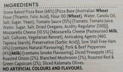Liste des ingrédients du produit Loaded Supreme Stone Baked Pizza Coles Kitchen, Coles 470 g
