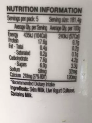 Liste des ingrédients du produit Chobani Plain Greek Yogurt (0.5% fat) Chobani Tub