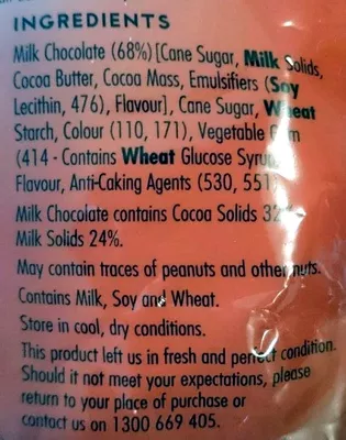 Lista de ingredientes del producto BBs Orange Chocolate Balls Darrell Lea 200g