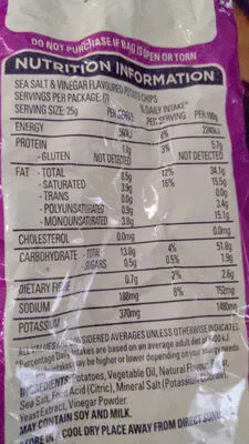 Lista de ingredientes del producto Sea Salt and Vinegar The Natural Chip Co 175g
