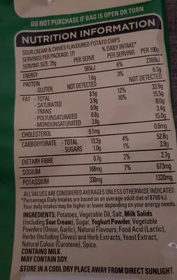 List of product ingredients chips sour cream & chives The natural chips co 175 g