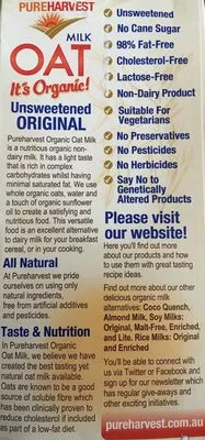 List of product ingredients Oat Milk it's Organic Unsweetened Original Pure Harvest 1 L