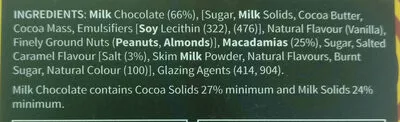 Lista de ingredientes del producto Chocolate Macadamias Salted Caramel Patons 170 g