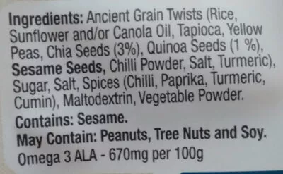 Lista de ingredientes del producto Ancient Grain Twists Bhuja 140 g