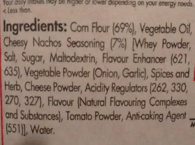 Lista de ingredientes del producto Tortilla Triangles Cheesy Nachos Mission 230 g