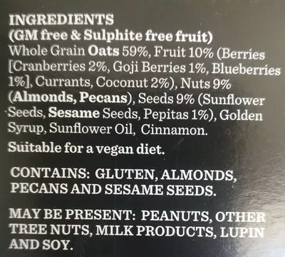 Lista de ingredientes del producto Super Berry - Cranberry, Bluebery & Goji Muesli Carman's 500g