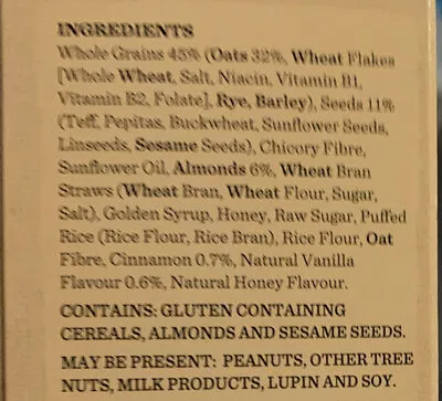 List of product ingredients 5 grain & seed granola Carman’s 450