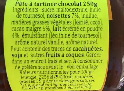 Lista de ingredientes del producto Pâte a tartiner chocolat Hero 