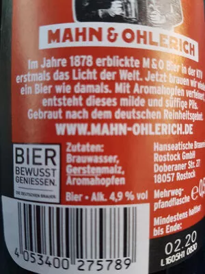List of product ingredients M&O Bier Mahn & Ohlerich 0,5l
