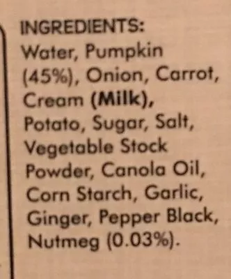 Lista de ingredientes del producto Cream of pumpkin soup  