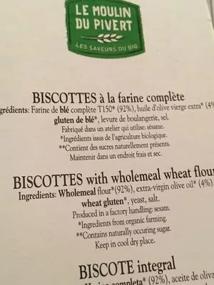 Lista de ingredientes del producto Biscotte a la farine complete  