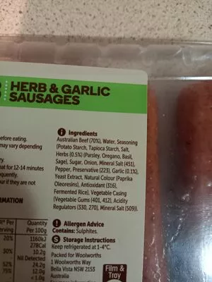 Liste des ingrédients du produit Herb And Garlic Beef Sausage Woolworths 