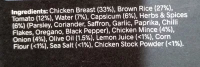 Liste des ingrédients du produit Chicken Paella with Brown Rice My Muscle Chef 370 g