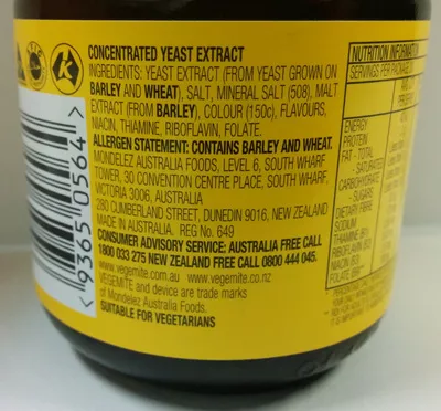 List of product ingredients Vegemite Mondelez Australia, Kraft 150g