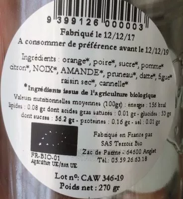 Lista de ingredientes del producto Confiture de noël Terroir Bio 270 g