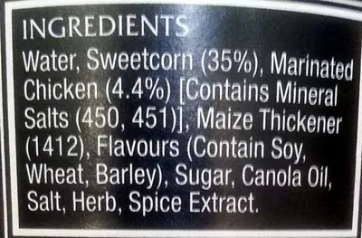 Lista de ingredientes del producto Heinz Big'n Chunky Chicken & Corn Heinz, Big'n Chunky 535 g