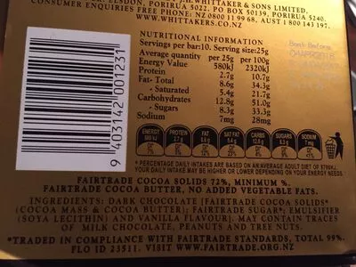 List of product ingredients Block 72% Cocoa Dark Ghana Whittakers 250 g
