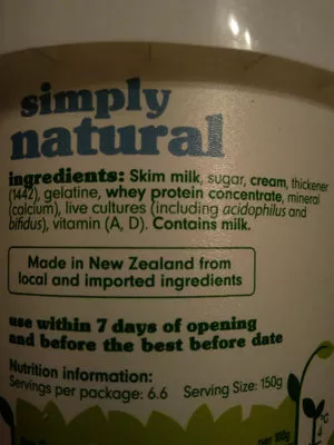 List of product ingredients Simply natural sweetened low fat yoghurt fresh 'n fruity 1kg
