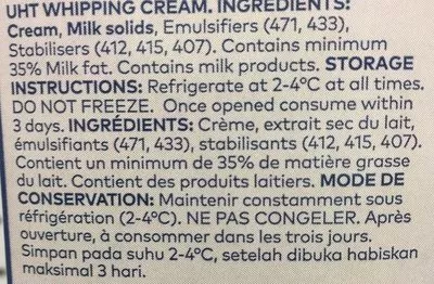Lista de ingredientes del producto Crème fouettée - UHT ANCHOR 1 l
