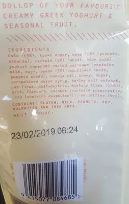Lista de ingredientes del producto Nuts & seeds muesli Pams 