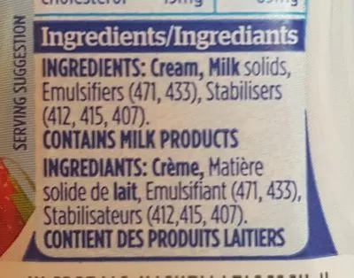 Lista de ingredientes del producto Crème fouettée Anchor 