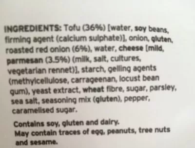 Lista de ingredientes del producto Bean Supreme Tofu Red Onion & Parmesan Sausage Bean Supreme 