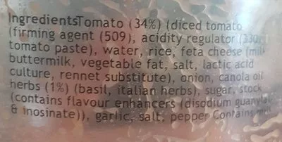 Lista de ingredientes del producto Risotto Rich tomato & Feta  