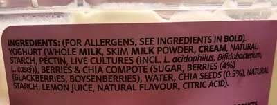List of product ingredients Berries+chia greek style yoghurt scorff'rs  