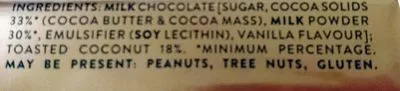 Liste des ingrédients du produit Toasted Coconut Slab Milk Chocolate Bar Whittakers 50g