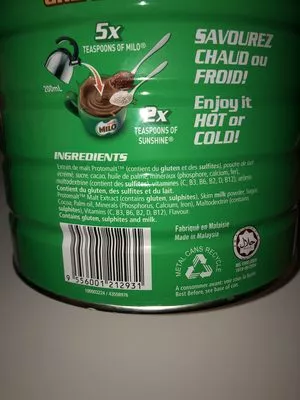 Liste des ingrédients du produit Milo Activ-Go Nestle 1.5 Kg